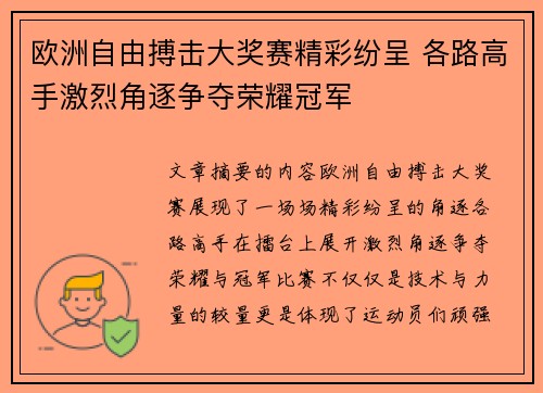 欧洲自由搏击大奖赛精彩纷呈 各路高手激烈角逐争夺荣耀冠军