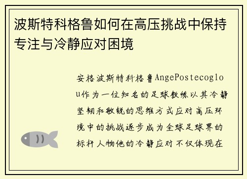 波斯特科格鲁如何在高压挑战中保持专注与冷静应对困境 波斯特科格鲁如何在高压挑战中保持专注与冷静应对困境